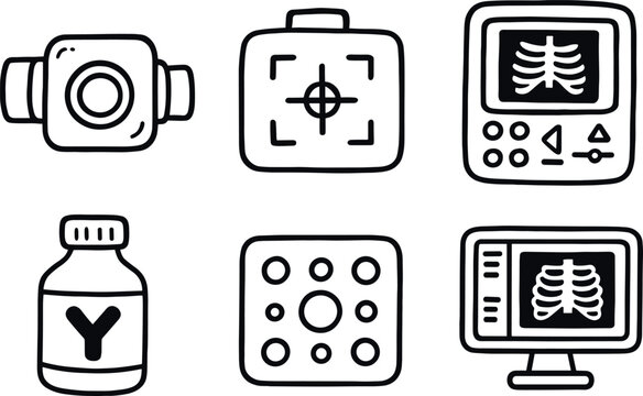 hand drawn cute out doodle style isolated ray image tube housing ray image collimator ray image control panel ray image contrast agent ray image calibration phantom ray image DICOM viewer