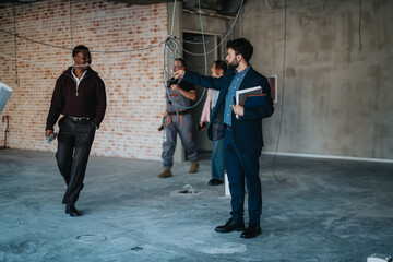 Business people and contractors discussing and evaluating progress at a construction site. Emphasis...