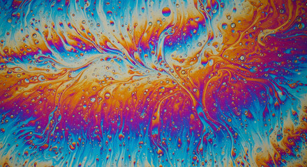 Abstract close up of iridescent soap film with swirling patterns and small bubbles visible throughout