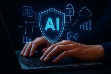 Person typing on laptop with glowing A I security shield and icons artificial intelligence