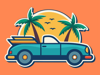 Retro Convertible Car with Palm Trees and Birds Against a Sunset Background Illustration stylized illustration blue