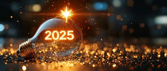 Glowing Gold Light Bulb Symbolizes New Year 2025 