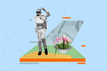 Trend mockup collage of senior person with present flowers bunch dance on blue color background