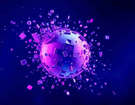 Exploding purple digital sphere with glowing particles and abstract 3D data elements, technology and innovation concept.