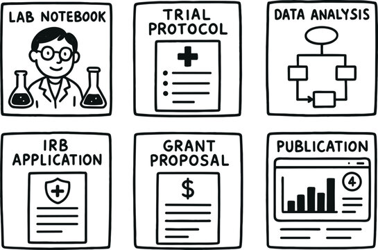 hand drawn cute out doodle style isolated medical researcher lab notebook medical researcher trial protocol medical researcher data analysis pipe medical researcher IRB application medical