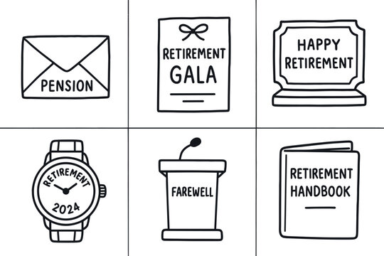 hand drawn cute out doodle style isolated pension letter packet retirement gala invitation commemorative plaque retirement watch engraving farewell speech podium retirement handbook booklet