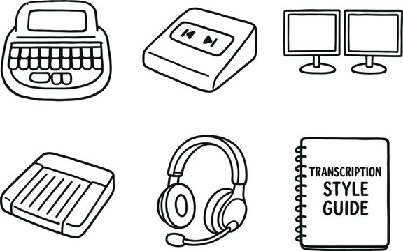 hand drawn cute out doodle style isolated stenotype machine keyboard audio playback pedal dual monitor setup transcription foot switch noise canceling headset transcription style guide