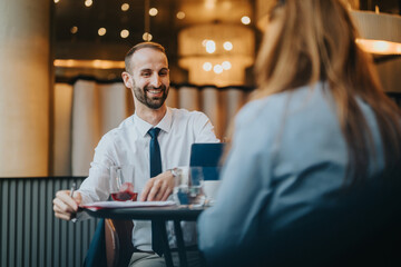 A confident professional man engages a colleague during a lively business discussion in a cafe...