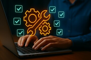 Person typing on laptop with glowing tools and checklist icons hands keyboard