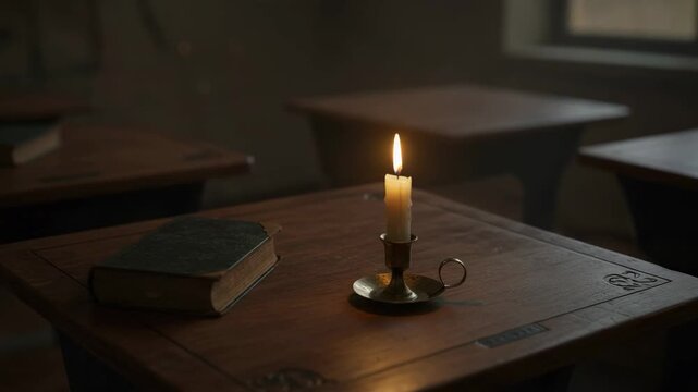 Vintage school desk with a burning candle and an antique book. Old classroom setting for education or history concepts.