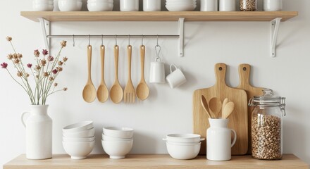 Minimalist Scandinavian Kitchen Shelf with Wooden Utensils and White Ceramic Decor