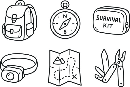hand drawn cute out doodle style isolated adventure backpack adventure compass adventure survival kit adventure headlamp adventure trail map adventure multi tool
