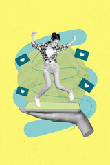 Pop collage of person jump screen gadget with many likes reaction over yellow background