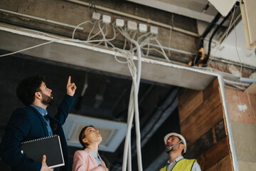 A business team with an engineer evaluating building infrastructure. The image shows detailed...