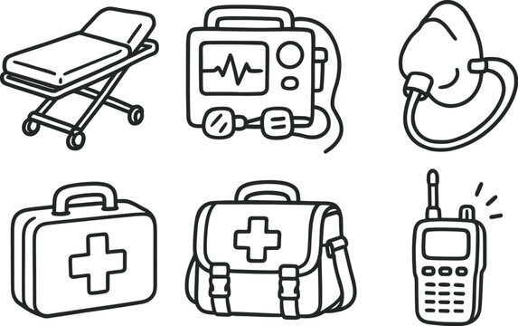 hand drawn cute out doodle style isolated paramedic ambulance stretcher paramedic defibrillator paramedic oygen mask paramedic first aid kit paramedic trauma bag paramedic radio handset