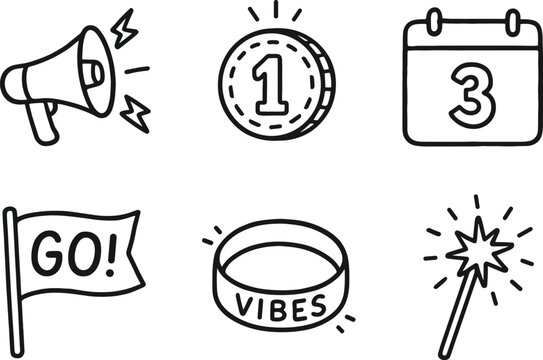 hand drawn cute out doodle style isolated ecitement thunder clap speaker ecitement challenge coin ecitement game launch countdown ecitement cheering flag ecitement vibe bracelet ecitement