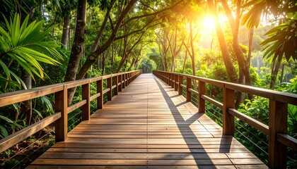 Walking on a Wooden Path in Lush Green Forest with Sunlight