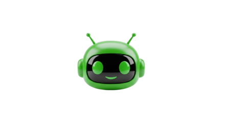 Green friendly robot head icon representing artificial intelligence chatbot support help automation or bot assistant

