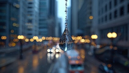 A glistening water droplet hangs in a city street scene at night