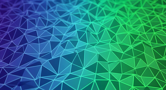 Abstract low poly surface with blue to green gradient and wireframe edges forming triangular facets