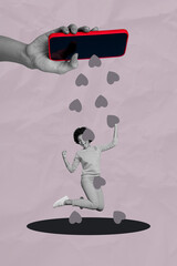 Vertical contemporary photo collage of happy girl man stand phone screen pour heart icon blogging...