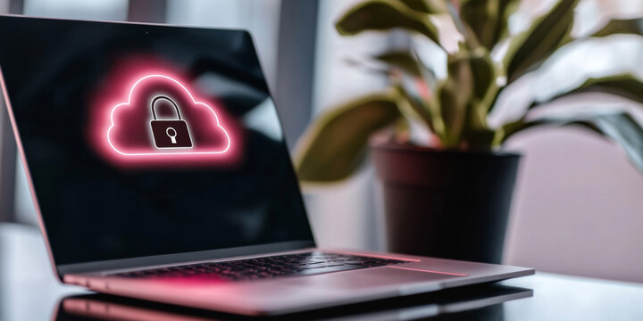 Laptop displaying cloud security interface on screen with green plant background