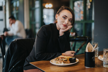 A stylish woman enjoying her meal at a restaurant, radiating contentment and sophistication. The...
