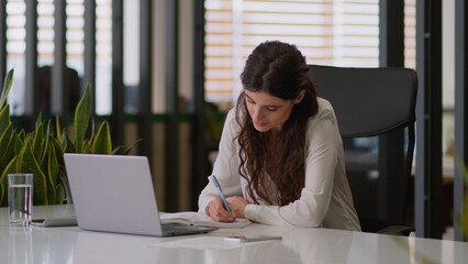 Caucasian thoughtful girl female businesswoman dreaming thinking business woman creative worker...