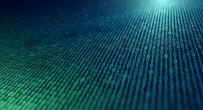 Abstract binary code background with glowing ones and zeros in shades of blue and green