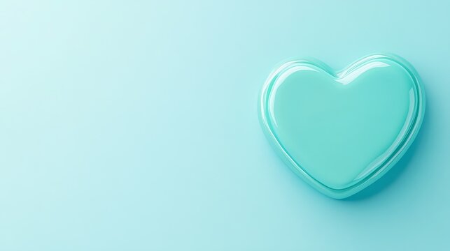 A smooth, glossy turquoise heart sits on a light blue background, symbolizing love and affection, Ideal for use in wellness, romance, or emotional content marketing,