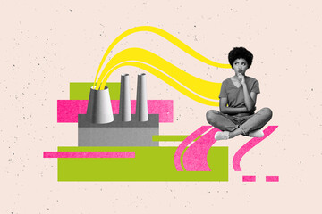 Composite trendy magazine photo collage of happy man girl sit pollution factory pipe damage...