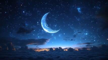 Crescent moon in a starlit sky above clouds
