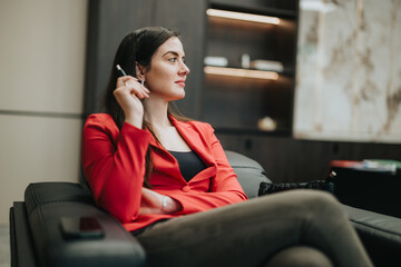 A professional woman wearing a red blazer seated in a stylish workspace, embodying sophistication...