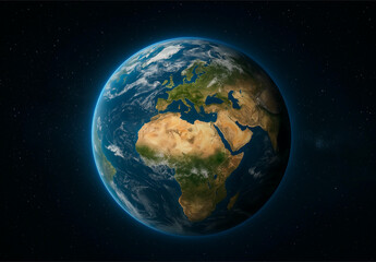 Earth and Moon orbiting in space with the Sun shining nearby showing the planet’s blue atmosphere and stars in the universe