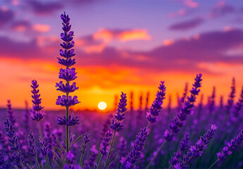 Lavender field glowing purple at sunset with blooming flowers and natural beauty