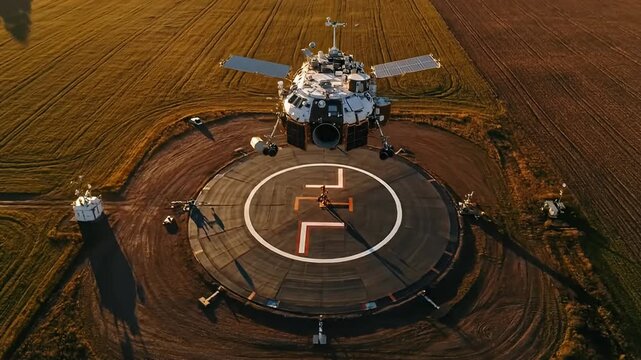 Futuristic lander hovers above a round pad in a golden field, bathed in warm light