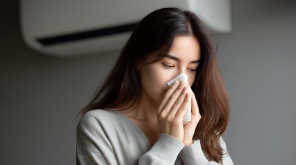 Young woman suffering from allergies or cold, using tissue at home indoors
