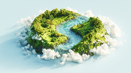 3D illustration of a round, grassy island with a river flowing, isolated on a white background, with a blue sky and clouds, in a minimalistic style, high-resolution photography.