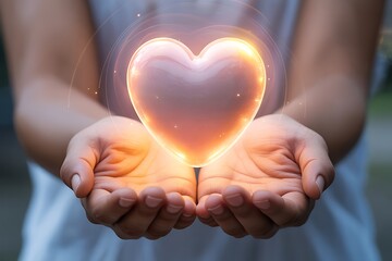 Obraz premium Nurturing a glowing heart with gentle hands, symbolizing care, love, and vibrant hope in a soft, ethereal light.