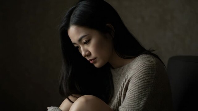 Sad young Asian woman feeling depressed and lonely at home. Portrait of a melancholic person sitting alone in the dark. Mental health, anxiety, and grief concept.