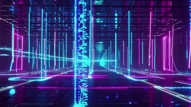3D Neon Glowing Code Animation Loop with Pulsing Light Trails, Floating Particles, Futuristic Cyberpunk Vibes, Matrix-Inspired Visuals, Electric Colors, Synthwave Ambience, Cinematic Glow, Digital Aes