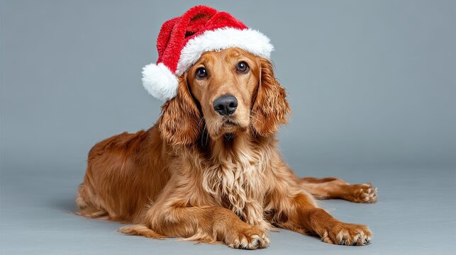 Golden cocker spaniel lying in Santa hat on blue background, festive Christmas pet portrait concept