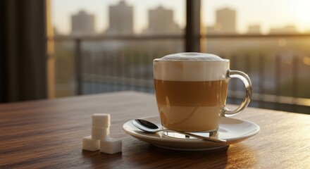 Morning Coffee in Glass Cup with Sugar Cubes on Rustic Wooden Table in Sunlight