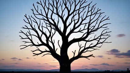Silhouette of a leafless tree against a pastel sunrise-sky with soft clouds - Powered by Adobe