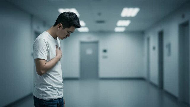 Anxious young Asian man having a panic attack or heart problem in a clinical hallway. Experiencing grief and stress.