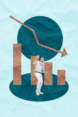 Modern business crisis collage witt business analyzing shocking falling stats graph symbolizing...