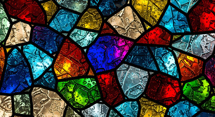 Close up of a colorful stained glass window with different shapes and colors of glass pieces pattern
