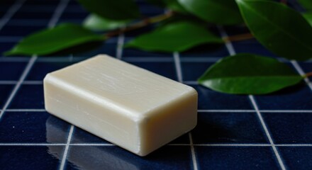 Natural White Soap Bar on Glossy Blue Tiles with Green Leaves – Spa and Skincare Concept