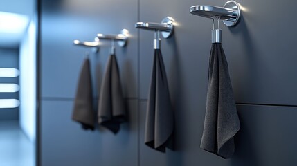 Dark gray towels hanging on modern wall hooks