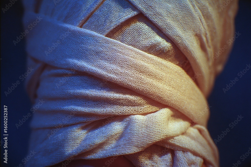 Poster wrapped fabric creating a unique texture shows intricate layering and shading at a close range durin